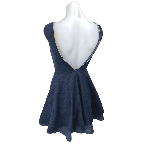 Ark & Co Navy Blue Yellow Zip Up Floral Embroidered Pleated Mini A Line Dress S - Picture 2 of 5